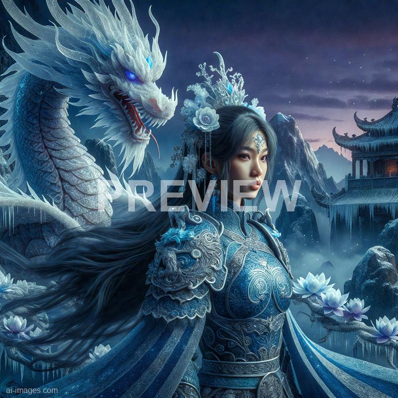 The image features a highly detailed fantasy scene with a regal woman dressed in intricate blue armor, adorned with delicate floral and icy motifs. She has long flowing hair and wears elegant jewelry and a headpiece that includes flowers and icy decorations. Behind her, a majestic white dragon with glowing blue eyes and an open mouth reveals sharp teeth, set against a mystical mountainous landscape with traditional Asian-style architecture and a twilight sky filled with clouds and distant peaks.